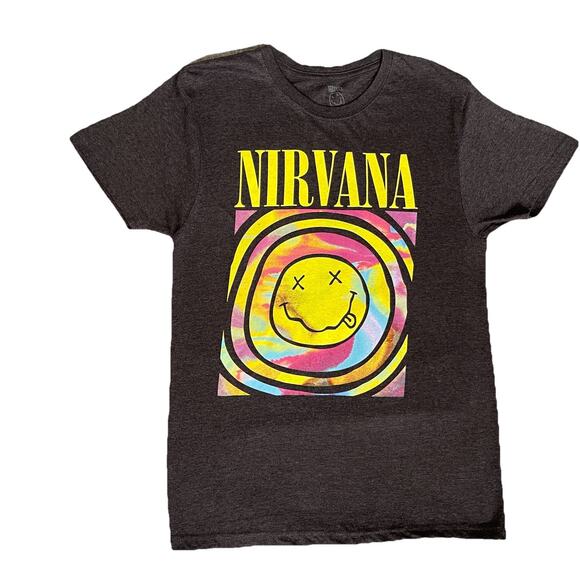 Nirvana Smiley Face 90’s Music Band Tie Dye Logo Graphic Tee Grey T-shirt, XS - Picture 1 of 8